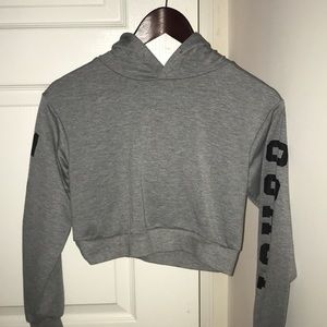 Gray cropped hoodie, East Coast on sleeve in black